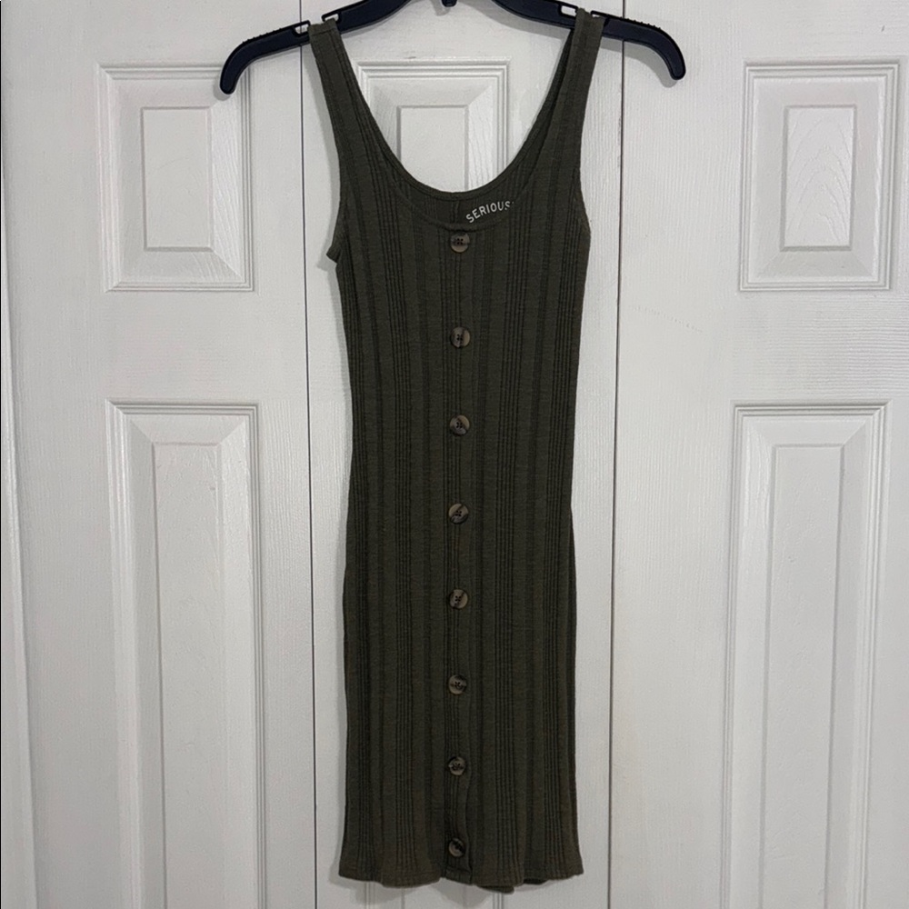 Olive Green Ribbed Button-Down Dress